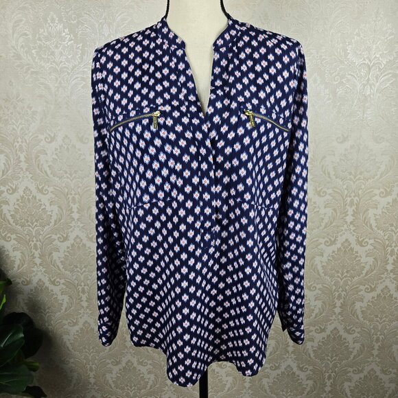 MICHAEL Michael Kors Size Medium Split Vneck Blouse Blue White Red Zip Pockets - Picture 1 of 14